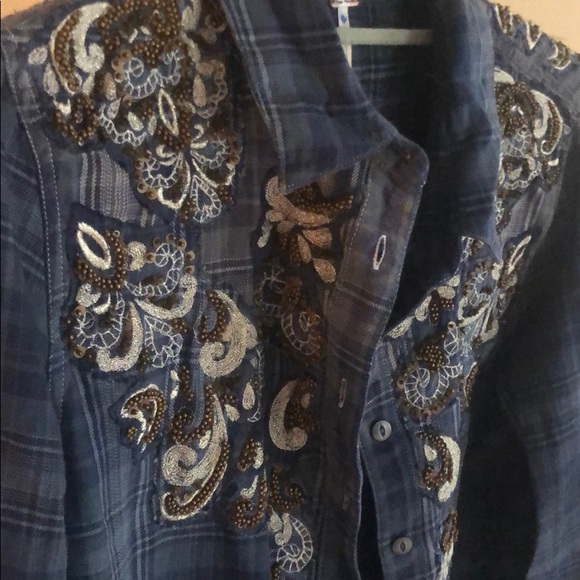 NWOT Free People embellished blue flannel top - Picture 5 of 8
